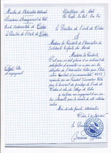 Lettre du directeur de l'école de  Tabou